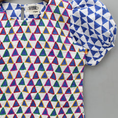 Pre Order: Multicolour Thread Embroidered Triangle Printed White Dress