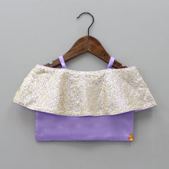 Pre Order: Pastel Purple Sequins Embroidered Off Shoulder Top With Layered Lehenga