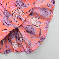 Pre Order: Hand Block Printed Peplum Peach Top And Crochet Trim Lace Detailed Lehenga
