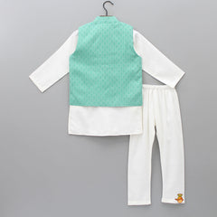 Pre Order: Sea Green Thread Embroidered Ethnic Jacket With Off White Kurta And Pyjama
