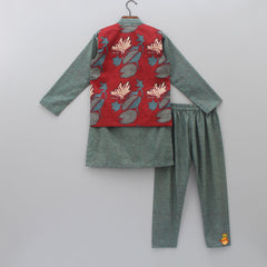Pre Order: Polka Dots Printed Sage Green Ethnic Kurta With Jacket And Pyjama