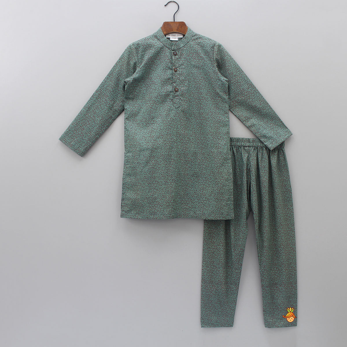 Polka Dots Printed Sage Green Ethnic Kurta With Jacket And Pyjama