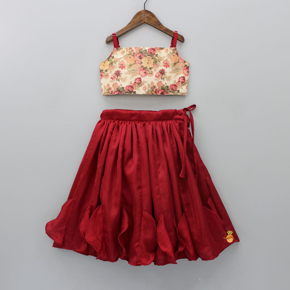 Pre Order: Floral Printed Top And Stylish Pleated Maroon Lehenga
