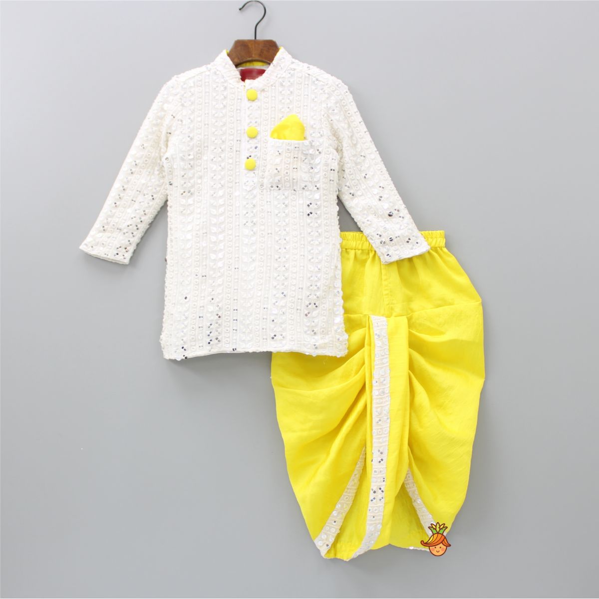 Pre Order: Faux Mirror Work And Thread Embroidered Ethnic Kurta With Lemon Yellow Dhoti