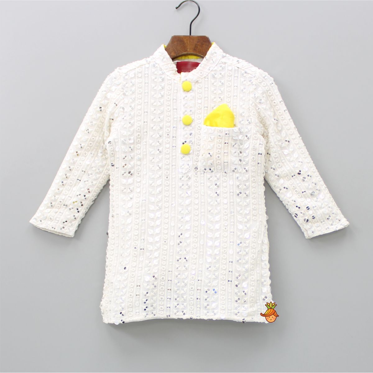 Faux Mirror Work And Thread Embroidered Ethnic Kurta With Lemon Yellow Dhoti