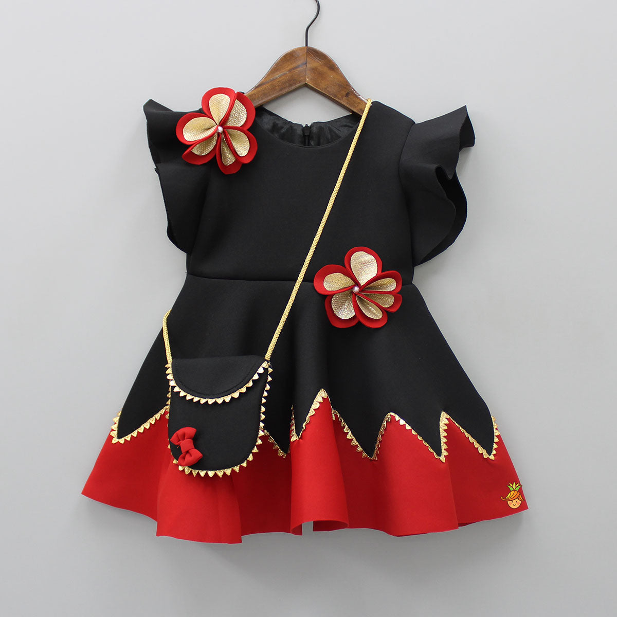 Pearly Flower Embellished Black Fancy Dress With Sling Bag