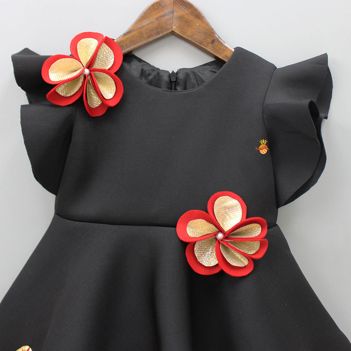 Pearly Flower Embellished Black Fancy Dress With Sling Bag