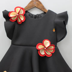 Pre Order: Pearly Flower Embellished Black Fancy Dress With Sling Bag