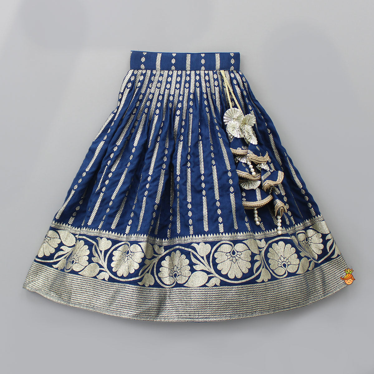 Floral Embroidered Blue Top And Lehenga With Matching Net Dupatta And Potli Bag