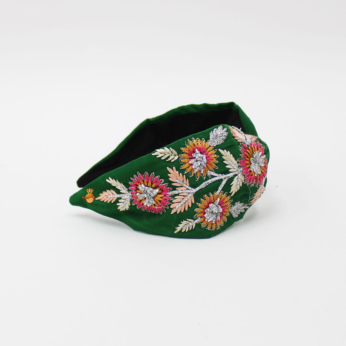 Multicolour Thread Floral Embroidered Green Hair Band