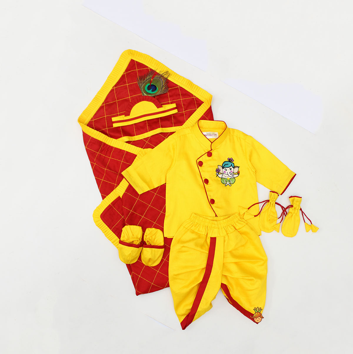 Ganesha Embroidered Yellow Infant Baby Set With Swaddle
