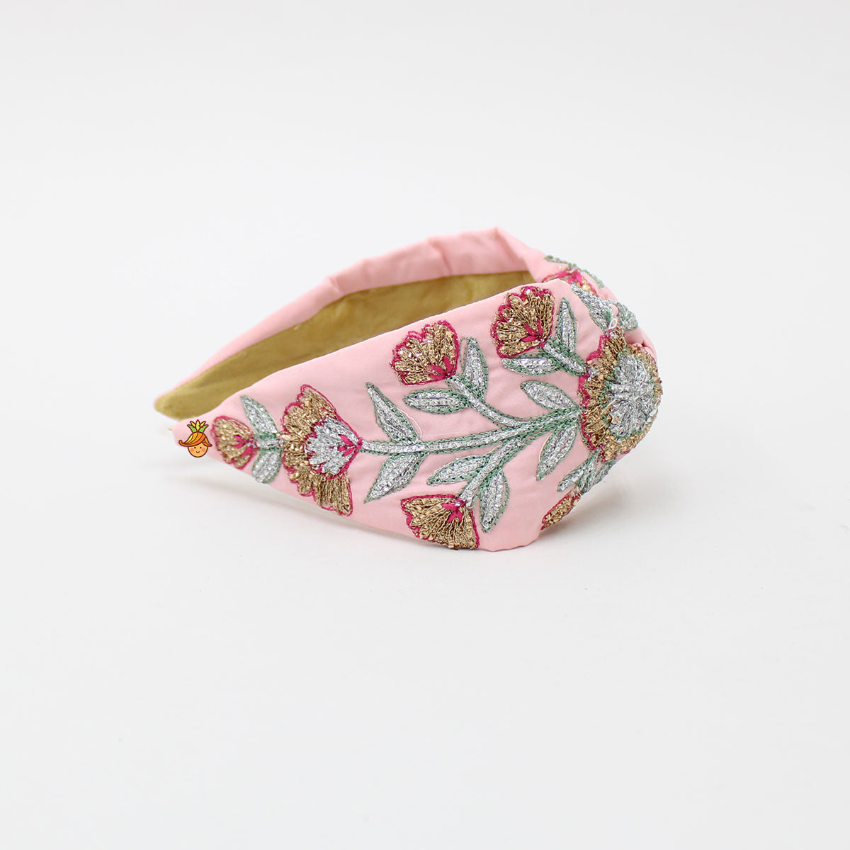 Baby Pink Flower And Leaf Embroidered Hair Band