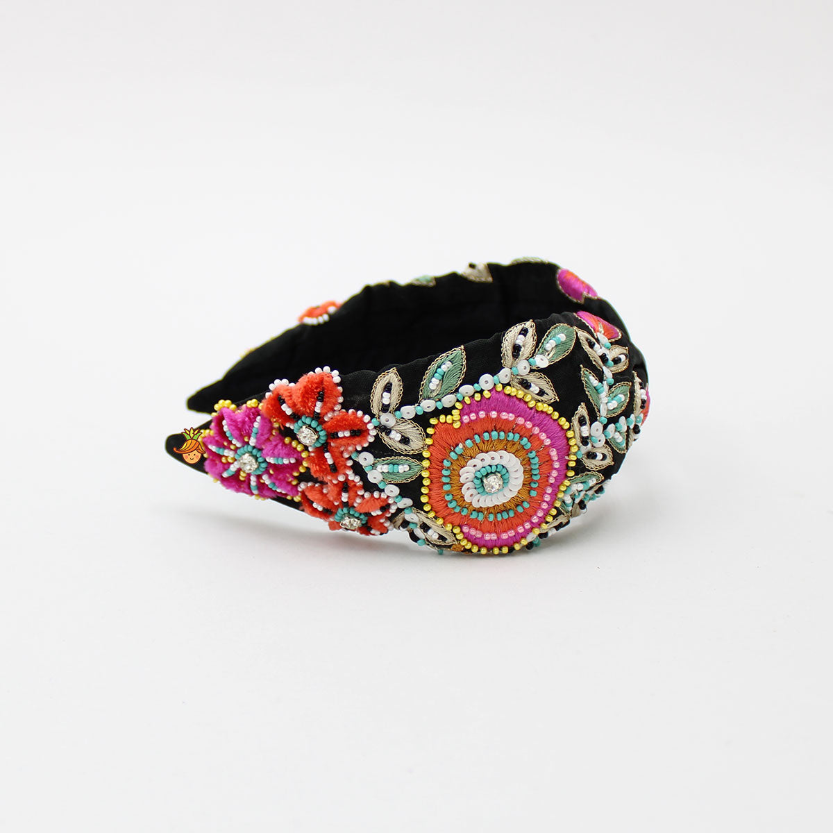 Intricate Multicolour Thread And Beads Embroidered Black Fancy Hair Band