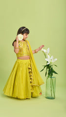 Pre Order: Mirror Work And Gota Lace Detailed Mehendi Green Top With Organza Lehenga And Matching Dupatta