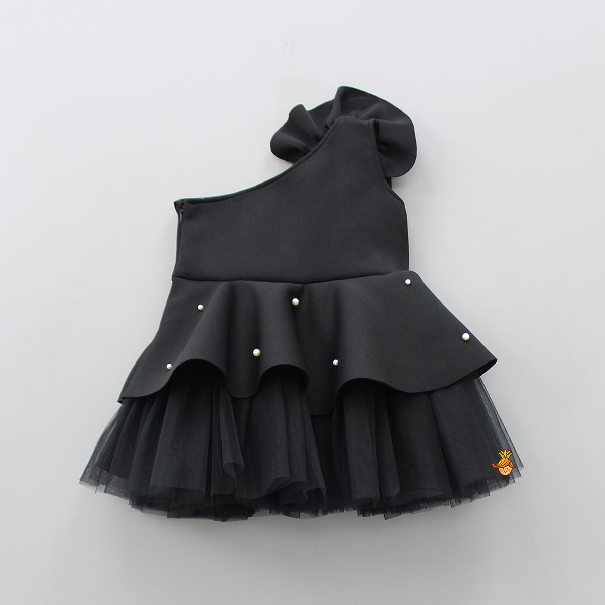 Exquisite Pearls And Rose Embellished Frilly Black Scuba Dress