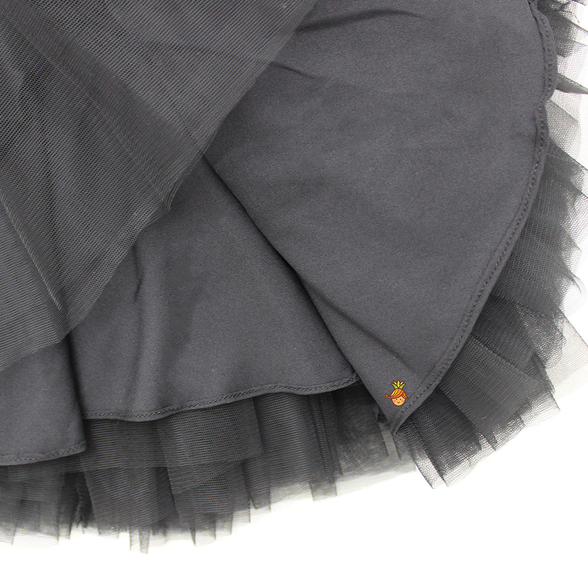 Exquisite Pearls And Rose Embellished Frilly Black Scuba Dress