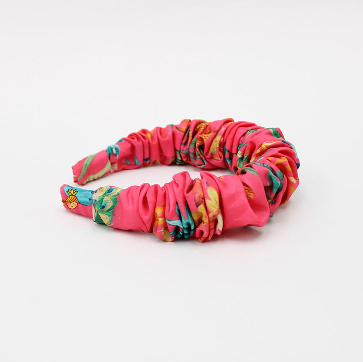 Peacock Printed Coral Pink Pleated Hair Band