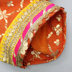 Pre Order: Gota Work Off White Top And Chanderi Embroidered Orange Patiala With Fringes Detailed Attached Dupatta
