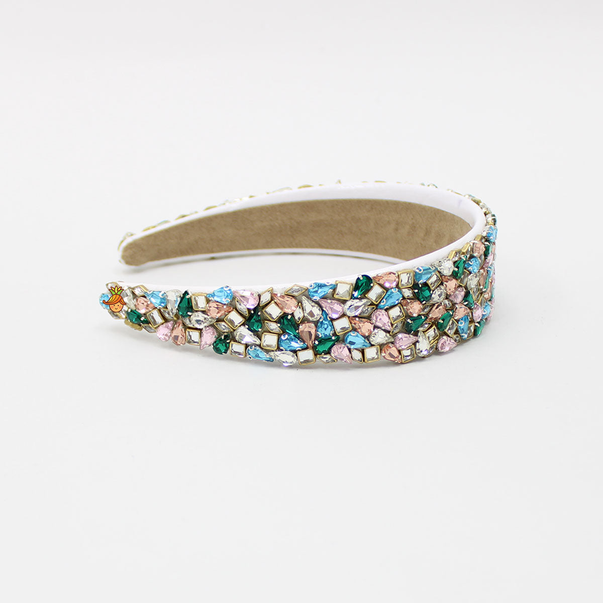 Multicolour Faux Gemstones Studded White Hair Band