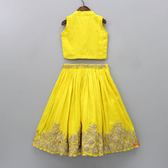 Pre Order: Silk Floral Embroidered Yellow Top And Pleated Lehenga