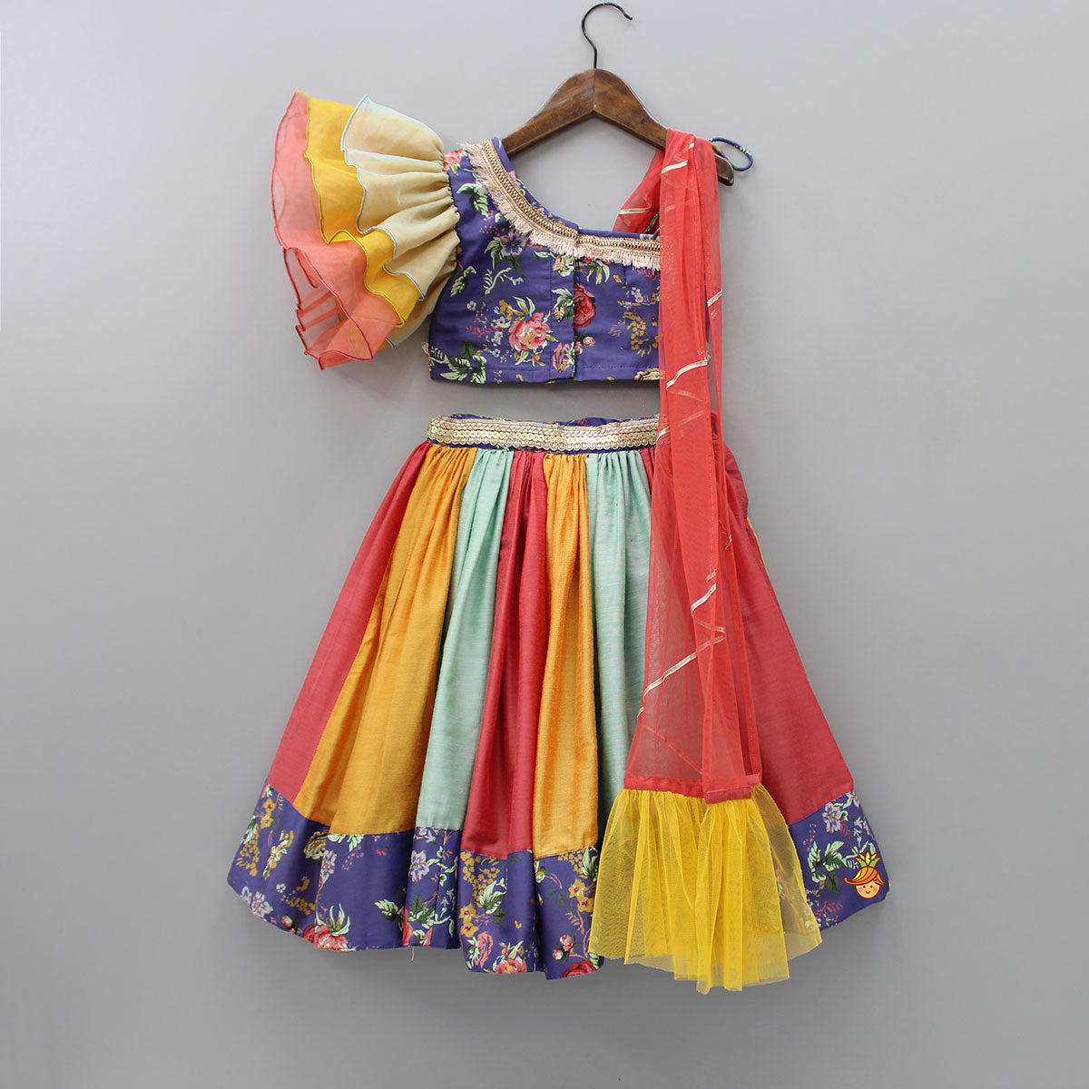 Blooming Flowers Printed One Shoulder Purple Top And Colour Block Lehenga With Attached Dupatta
