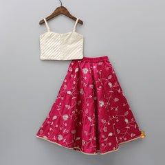 Diagonal Striped Cream Top And Embroidered Dark Pink Lehenga With Net Dupatta
