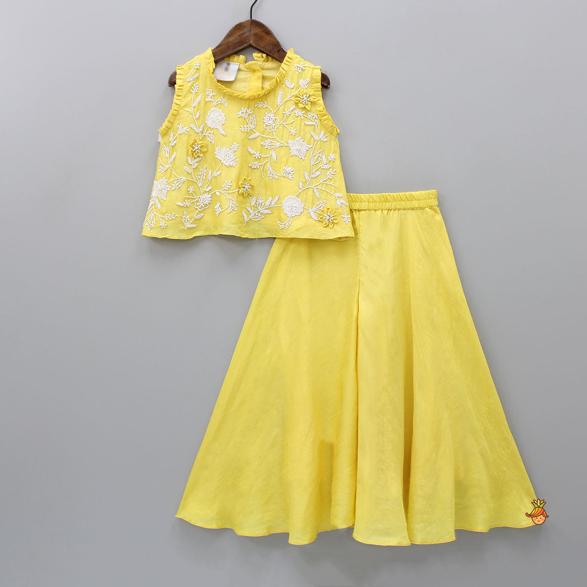 Round Neck Yellow Embroidered Top And Flared Palazzo