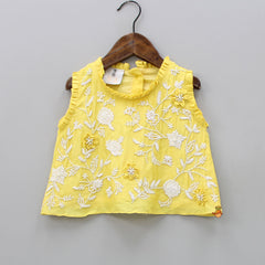 Pre Order: Round Neck Yellow Embroidered Top And Flared Palazzo