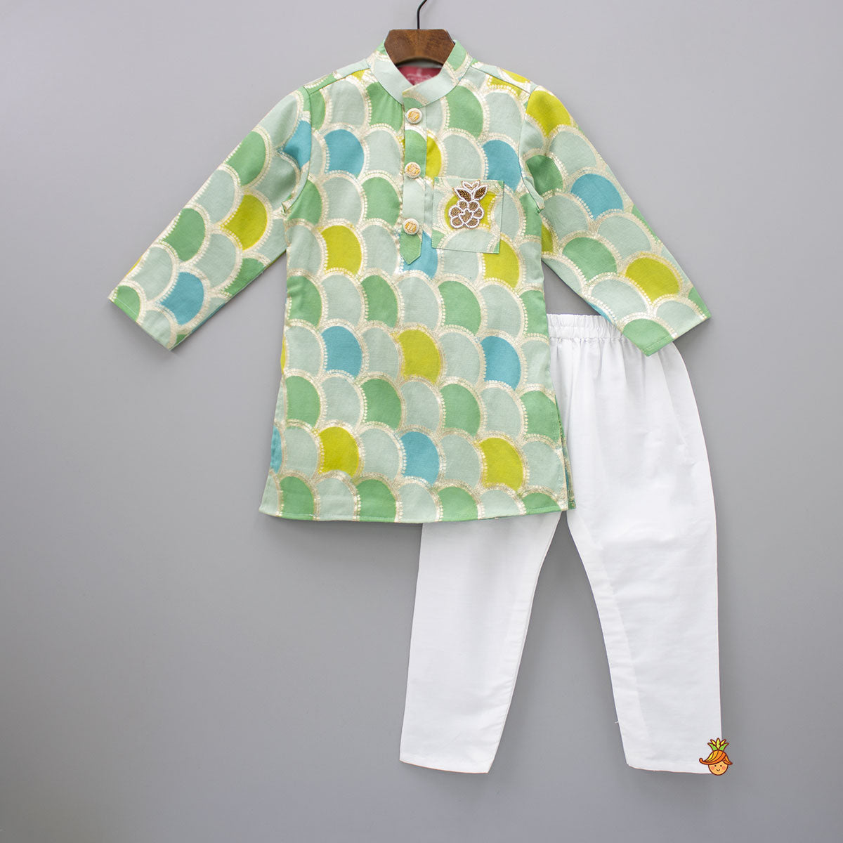 Pre Order: Multicolour Brocade Kurta And White Pyjama