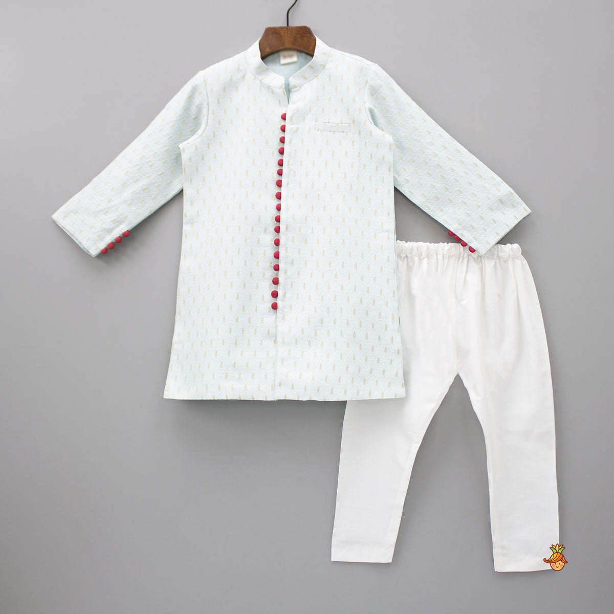 Pre Order: Contrasting Potli Buttons Adorned Front Open Sky Blue Kurta And Off White Pyjama