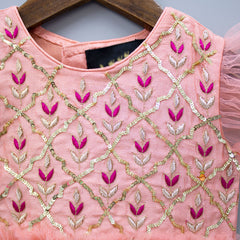 Pre Order: Net Puffed Sleeves Peach Embroidered Top And Printed Hot Pink Dhoti