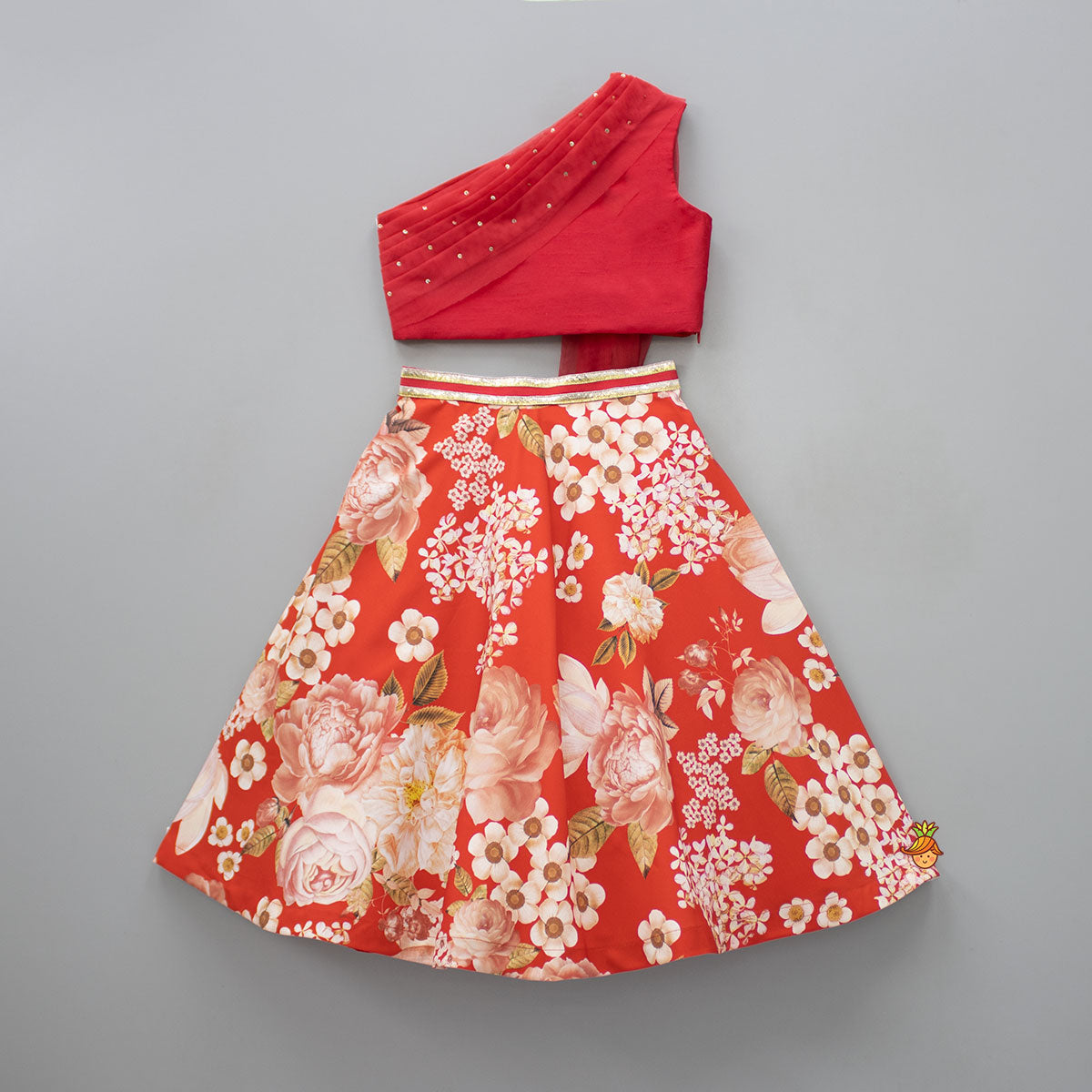 Pre Order: Stunning Red Sequins Embellished Drape Top And Adorable Flowers Printed Lehenga