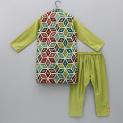 Pre Order: Mehendi Green Kurta And Sequins Work Multicolour Printed Jacket With Pyjama