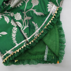 Pre Order: Floral Brocade Embroidered Green Top And Gota Lace Detail Blue Lehenga With Matching Dupatta