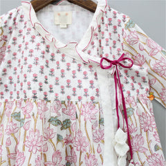 Pre Order: Hand Block Floral Printed Tie Up Pink Angarkha Dress