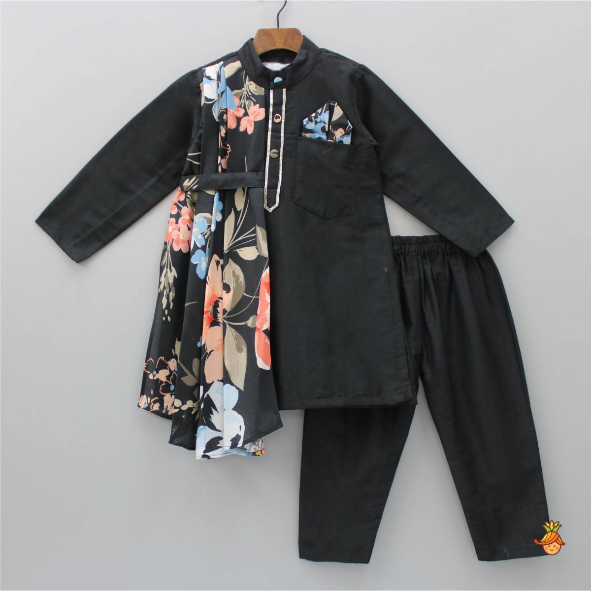 Pre Order: Stylish Black Kurta With Attached Printed Flap And Pyjama