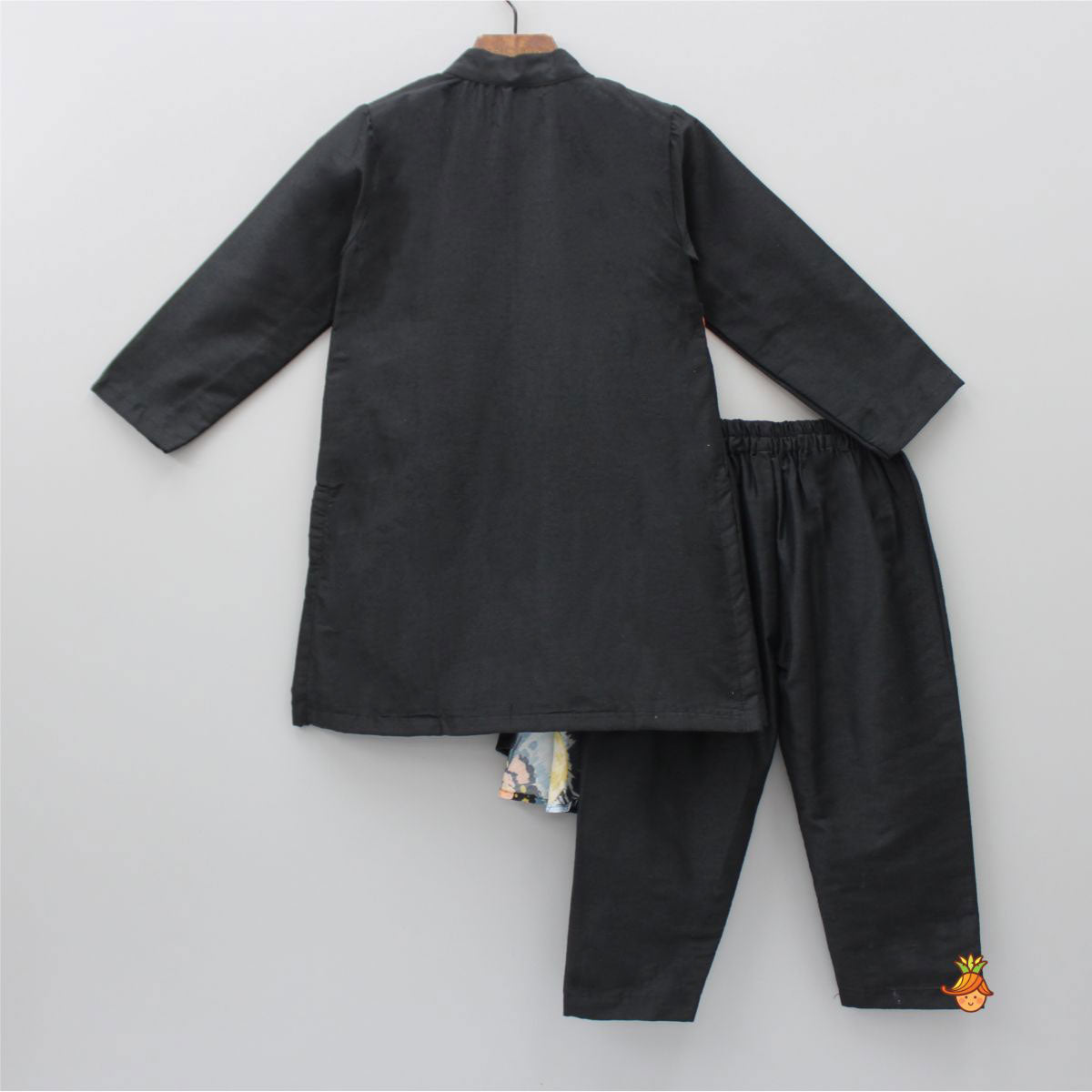 Stylish Black Kurta With Attached Printed Flap And Pyjama