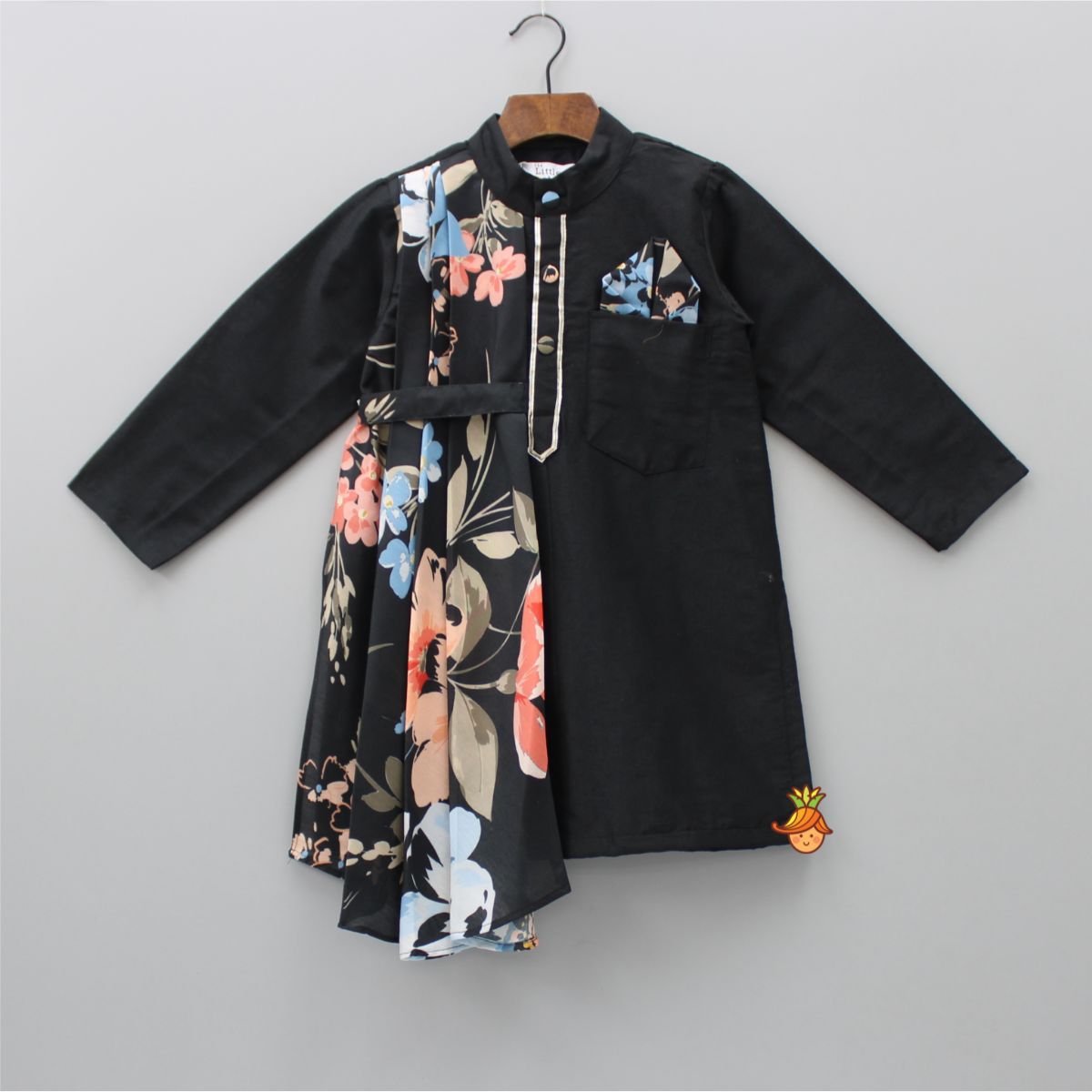 Stylish Black Kurta With Attached Printed Flap And Pyjama