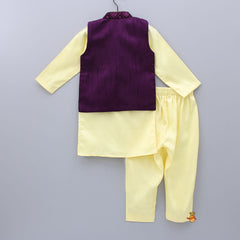 Pre Order: Ethnic Yellow Kurta With Pocket Square Wine Jacket And Pyjama