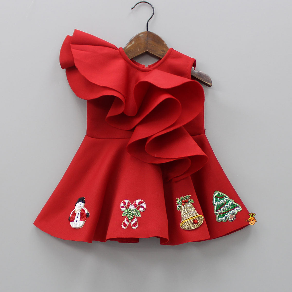 Christmas Theme Embroidered Red Scuba Dress With Matching Head Band