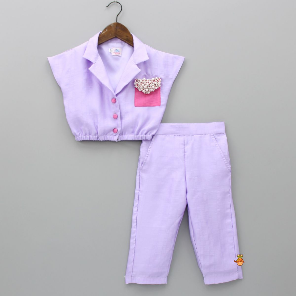 Contrasting Patch Pocket Detail Lavender Top And Pant