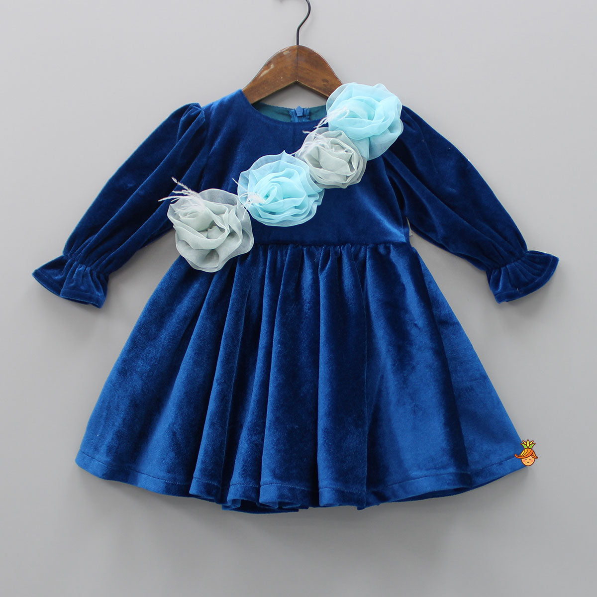 Pre Order: Organza Flowers Adorned Navy Blue Velvet Dress
