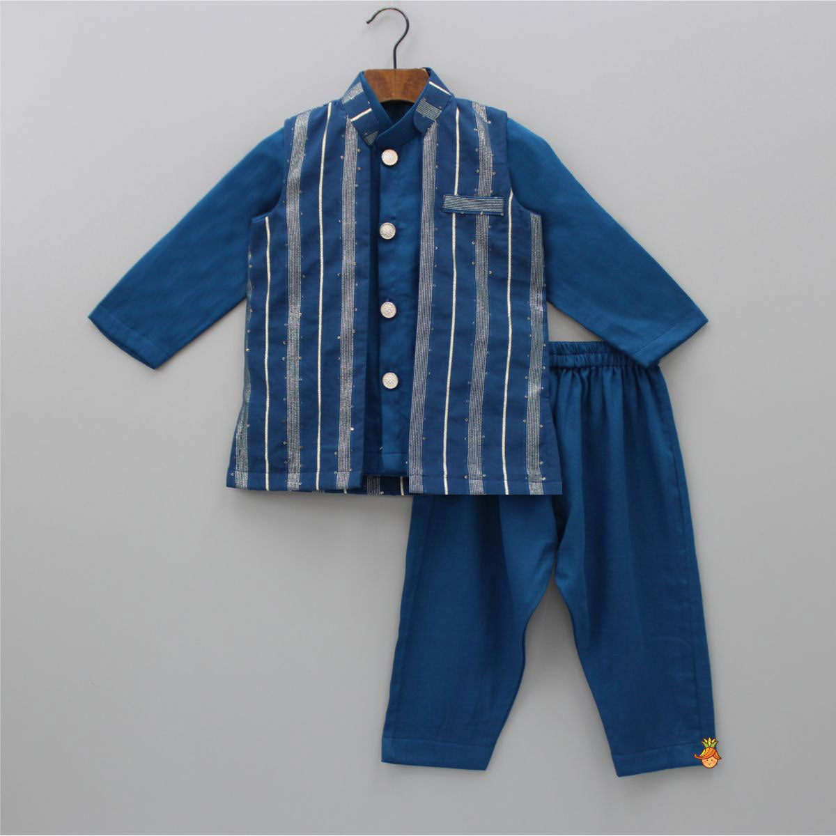 Pre Order: Cotton Silk Cobalt Blue Kurta With Pocket Detail Embroidered Open Jacket And Pyjama