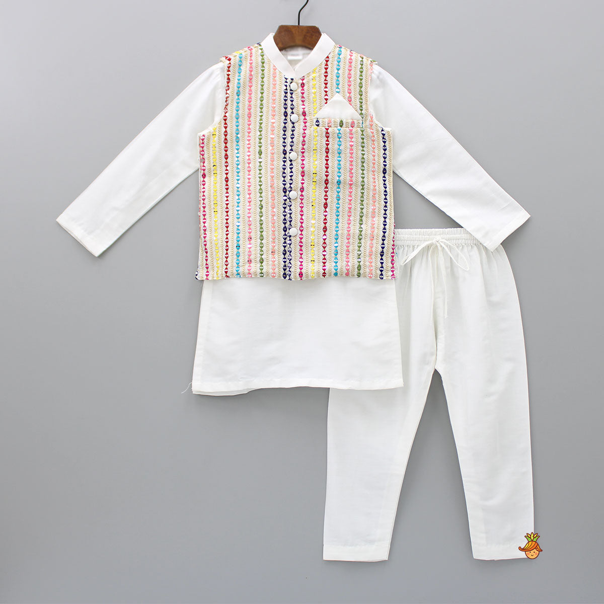 White Cotton Silk Kurta With Faux Mirror Work Multicolour Jacket And Pyjama