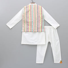 Pre Order: White Cotton Silk Kurta With Faux Mirror Work Multicolour Jacket And Pyjama