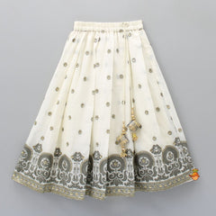 Off White Floral Sequins Work Top And Lehenga With Grey Dupatta