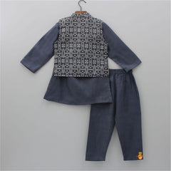 Grey Ethnic Kurta With Pocket Detail Jacket And Pyjama