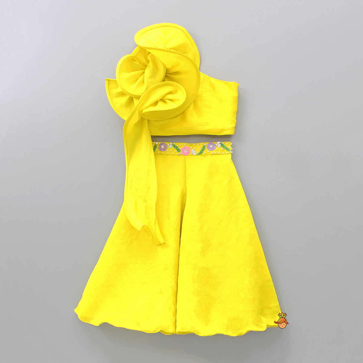Pre Order: Elegant Yellow Ruffle Twisted One Shoulder Top With Flared Palazzo