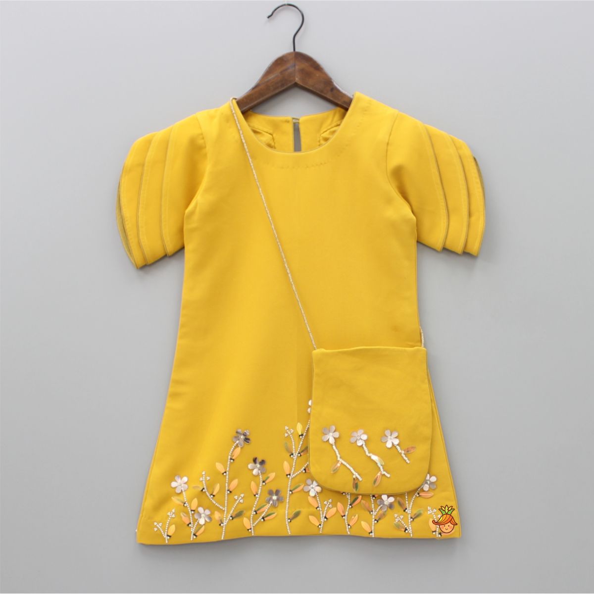 Mustard Floral Embroidered Stylish Layered Sleeves Dress With Sling Bag