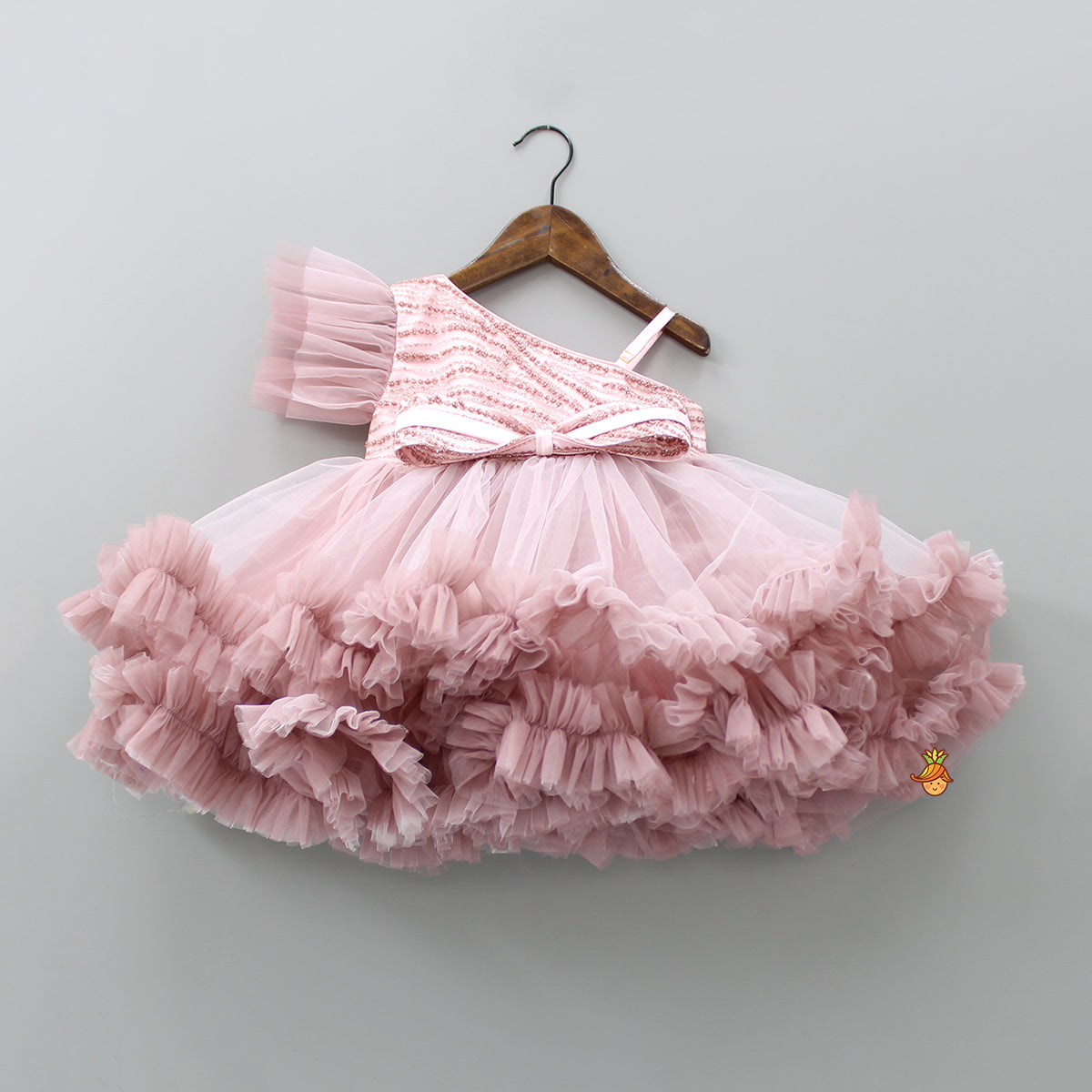 Ruffled Hem Glittery Pink One Shoulder Dress